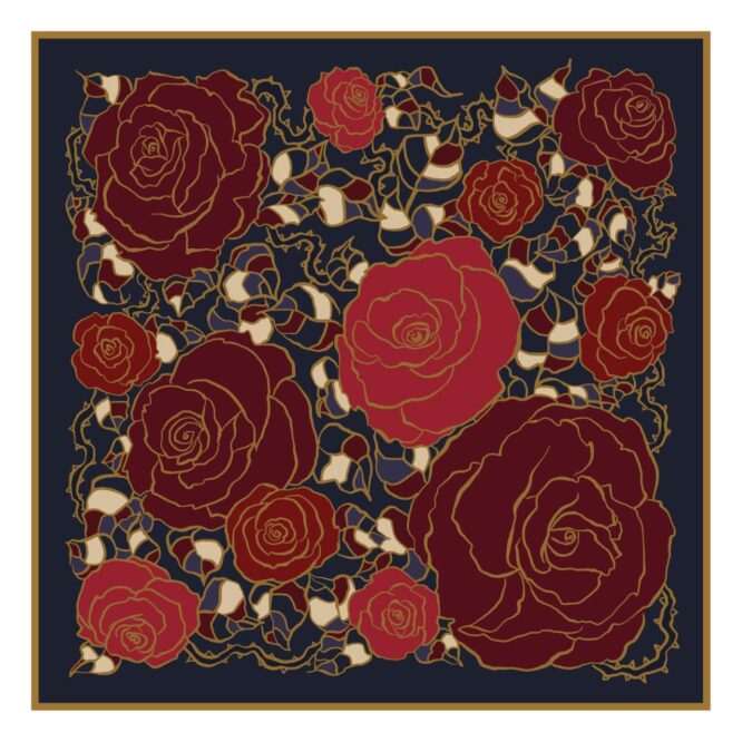 jedwabne apaszki w kolorze bordowych róż na granatowym tle