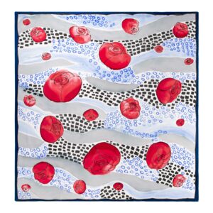 unikatowa ręcznie malowana jedwabna chusta w kolorze szarym, niebieskim, czarnym i czerwonym